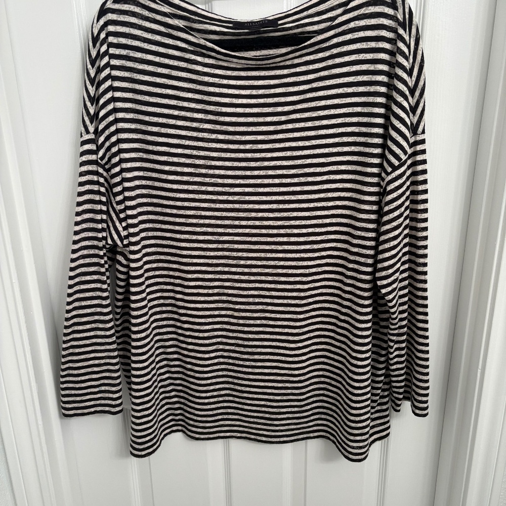 ALLSAINTS Women's striped Rita Tee. Oversized, Lightweight, Long Sleeve, Size L